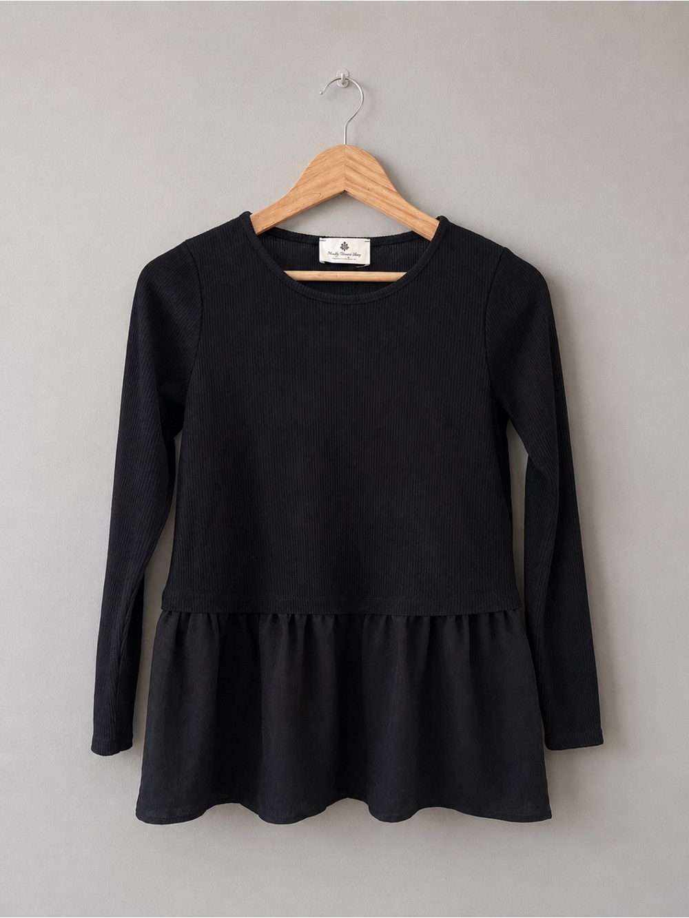 Betsy’s Boutique Shop Black Ribbed Peplum Top Women’s Small Long Sleeve USA Made